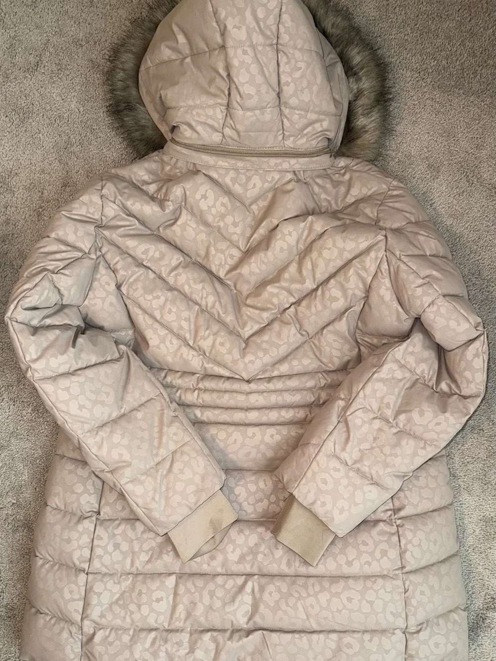 Michael Kors Light Taupe Leopard-Print Puffer Coat with Faux Fur Trim